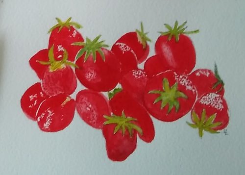 Lynne, From my garden, Strawberries, watercolour.